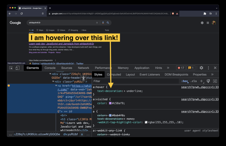 Screenshot of google search results showing I am hovering over the top result, which is adding an underline to the link. Dev tools are open showing the style applied using the hover pseudo class.
