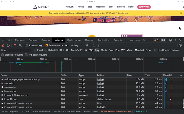 animated GIF loop showing the network tab in a browser loading new image requests as the browser page is scrolled