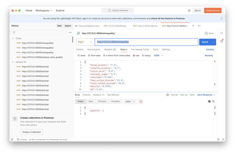 Sample API request and response